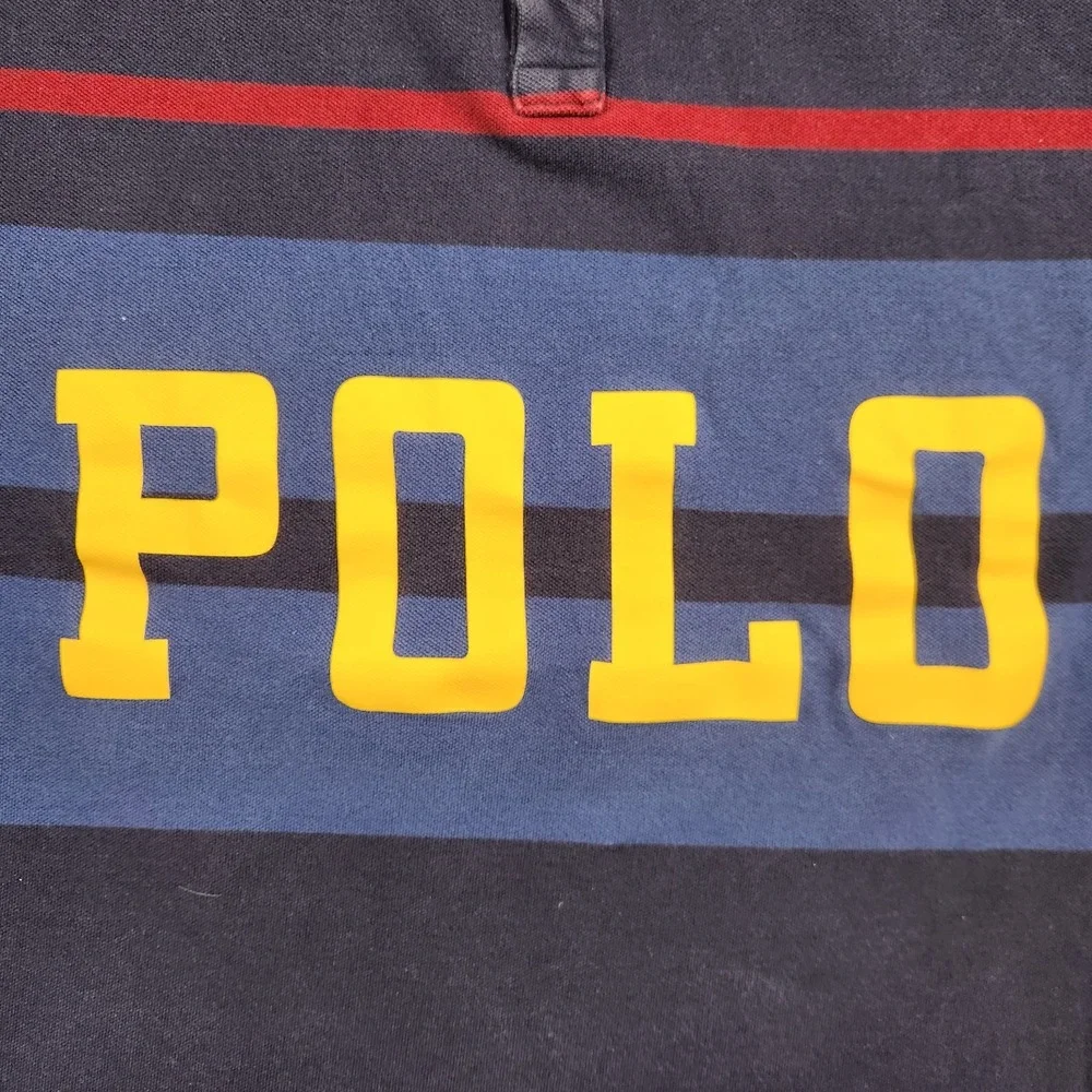 Ralph Lauren Polo Shirt‎ Men's XL Blue Striped Spell Out Rugby Classic Fit
